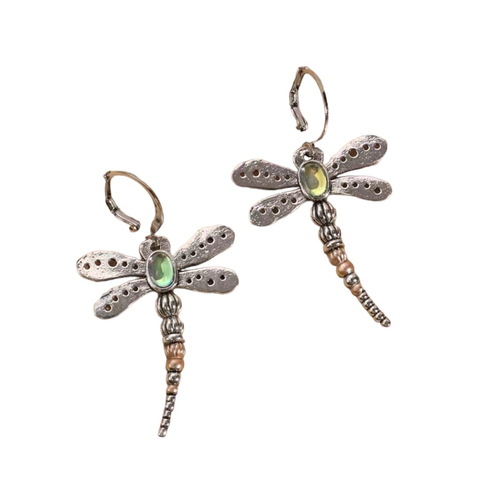 Boho Mixed Metal Silver Dragonfly Drop Earrings